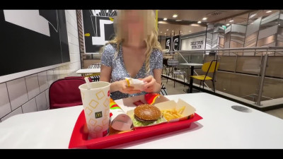 Perv babe with perfect tits and hot ass plays with herself in fast food restaruant
