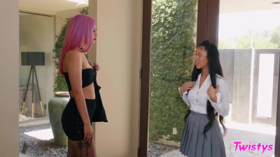 Pink-haired lass helps Asian student get lesbian experience