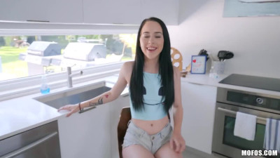 Tiny lass with blue eyes fucks monster cock in the kitchen