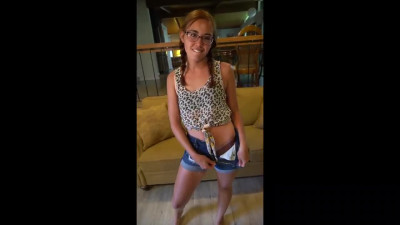 Pigtailed Cocksucker in sexy glasses rides & swallows Big Cock of her BF