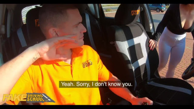 Intense blowjob from busty brunette at driving test