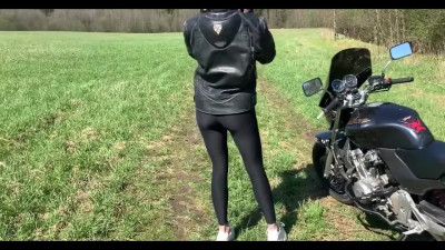 Girl on a Motorcycle plays with Dildo and fucks with stranger Outdoor