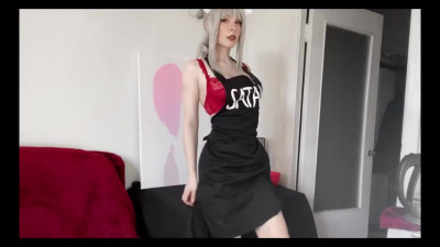 Helltaker Cosplay girl spreads her legs on the kitchen & swallows hot Cum
