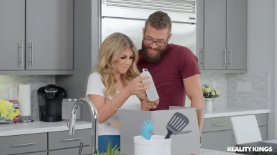 Busty blonde inspired with porn to have dirty kitchen fuck