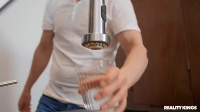 Brunette hoe gets cumshot on her tits after kitchen fuck