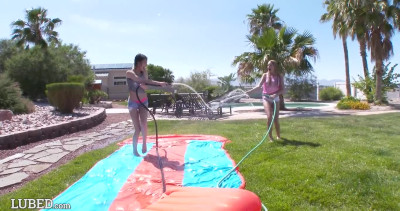 Flirty lesbians allow guy to join their outdoor sex games