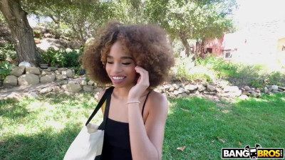 Curly ebony teen blows monster cock in amazing outdoor POV