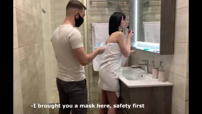 Brunette cocksucker gives head & Fucks in Restroom