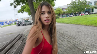 Cute chick in red dress agrees to fuck for money - Mofos