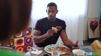 Pale teen is really excited to be ripped by monster bbc during pizza lunch