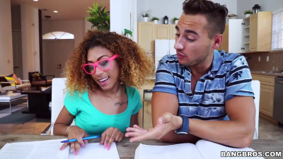 Ebony teen helps with Homework and sucks white cock of her Classmate