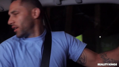 Ebony doll jumped on Driver's Big Cock and sucked it well