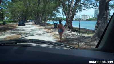 Small-titted babe jerks off the cock in the Bang Bus