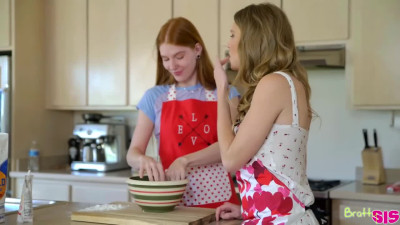 Kinky step sisters have juicy threesome with bro during cooking biscuits