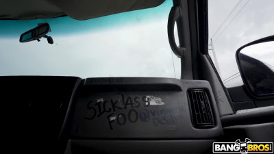 Nerdy redhead picked up and fucked in a bang bus by a black guy with a huge tool in his pants