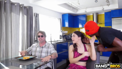 Flirty brunette with small tits fucks BBC next to a blind guy - Monster Of Cock