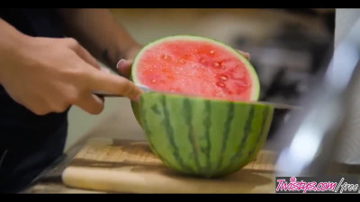 Great stepmom and stepdaughter feast with watermelons and pussies