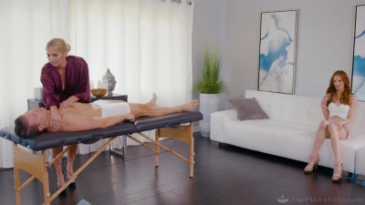 Pretty ginger helps busty MIlf to fuck the guy after massage - Nuru Massage