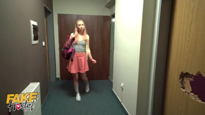 Tiny babe stuck and shared with 2 cocks - Fake Hostel