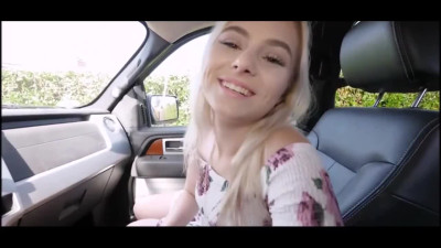 Guy rubs pink pussy of his Stepsister and fucks her lil mouth right in Car!
