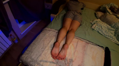 Tender footjob from his girlfriend with a black pedicure