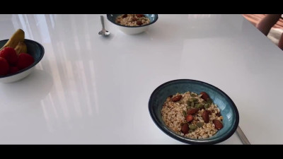 Horny blonde lady sucks bf's cock during breakfast