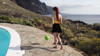Redhead skinny babe goes solo outdoors