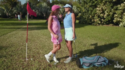 Two Stunning girls play with hard cock in hot Strap-on 3some on a Golf Court