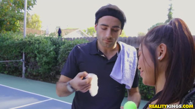 Skinny Asian girl Vina Sky blows trainer's cock after tennis match!