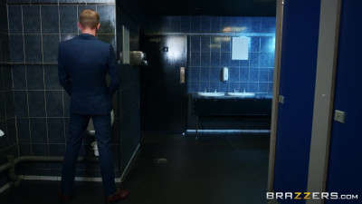 Nasty brunette babe Alyssa Reece gets long white cock in public toilet