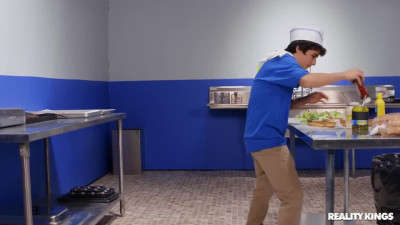 Horny boy needs a MILF to work on his cock in the kitchen