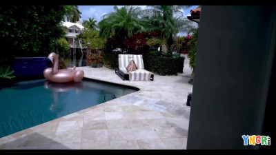 Pretty petite teen with small tits does a BJ near the pool and fucks for good