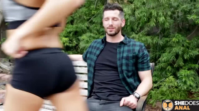 Sporty brunette babe trains her butt-hole with stranger's big cock