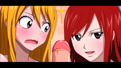 Lucky schoolboy gets to hump two perfect young whores at a time in Fairy Tail