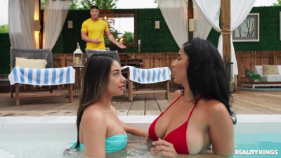 Slim Latina Teen Indulges In Lesbian Sex With Her Busty Arab GF After Pleasing a Naughty Guy With BJ