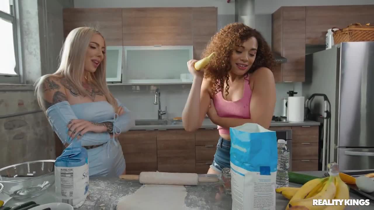 Watch Tattooed blonde bimbo fucks her lesbian ebony friend in the kitchen Full. Duration: 07:58 | ePornBabe.