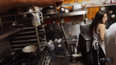 Violet Gems getting gangbanged in the restaurant kitchen