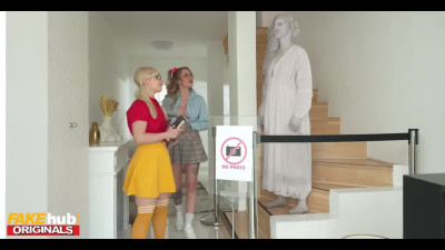 Naughty lesbians bought a real life sex doll with a big strapon on it