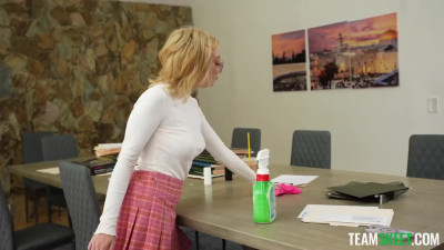Innocent blonde schoolgirl rides her stepdad's dick