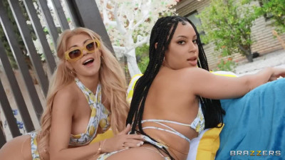 Ebony Diamond Banks and white blonde Kayla Kayden in interracial FFM
