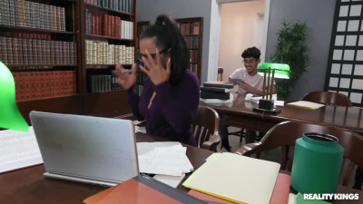 Inked librarian Christina Savoy stays quiet when fucked by young stud between bookshelves