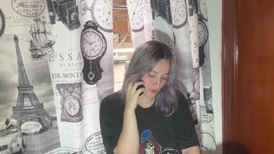 Pretty teen with dyed hair started sucking her bf's dick while talking on the phone and then she gets fucked in her pink pussy