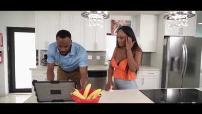 Busty ebony seduced her black neighbor and got a hot creampie in her pussy.