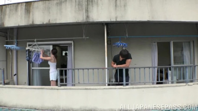 Curious Guy Watches How His Sexy Slim Japanese Neighbor Sucks Her Husbands Dick
