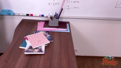 Young school babe Alaska-Young jumps on a dildo for bad grades behind a teacher