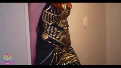 Busty redhead Dahlia Wolf fucks her weird black boyfriend, who wears a clown mask