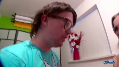 Blondie with red lips Carly Rae tries her first anal sex with kinky nerd