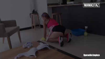 Blonde housekeeper straddles a black cock.