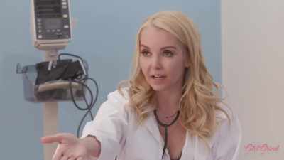 Blonde doctor in stockings seduced her patient for hot lesbian sex.