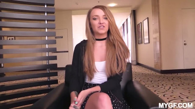 Petite slut Carmen Callaway takes a cumshot on tongue on a casting